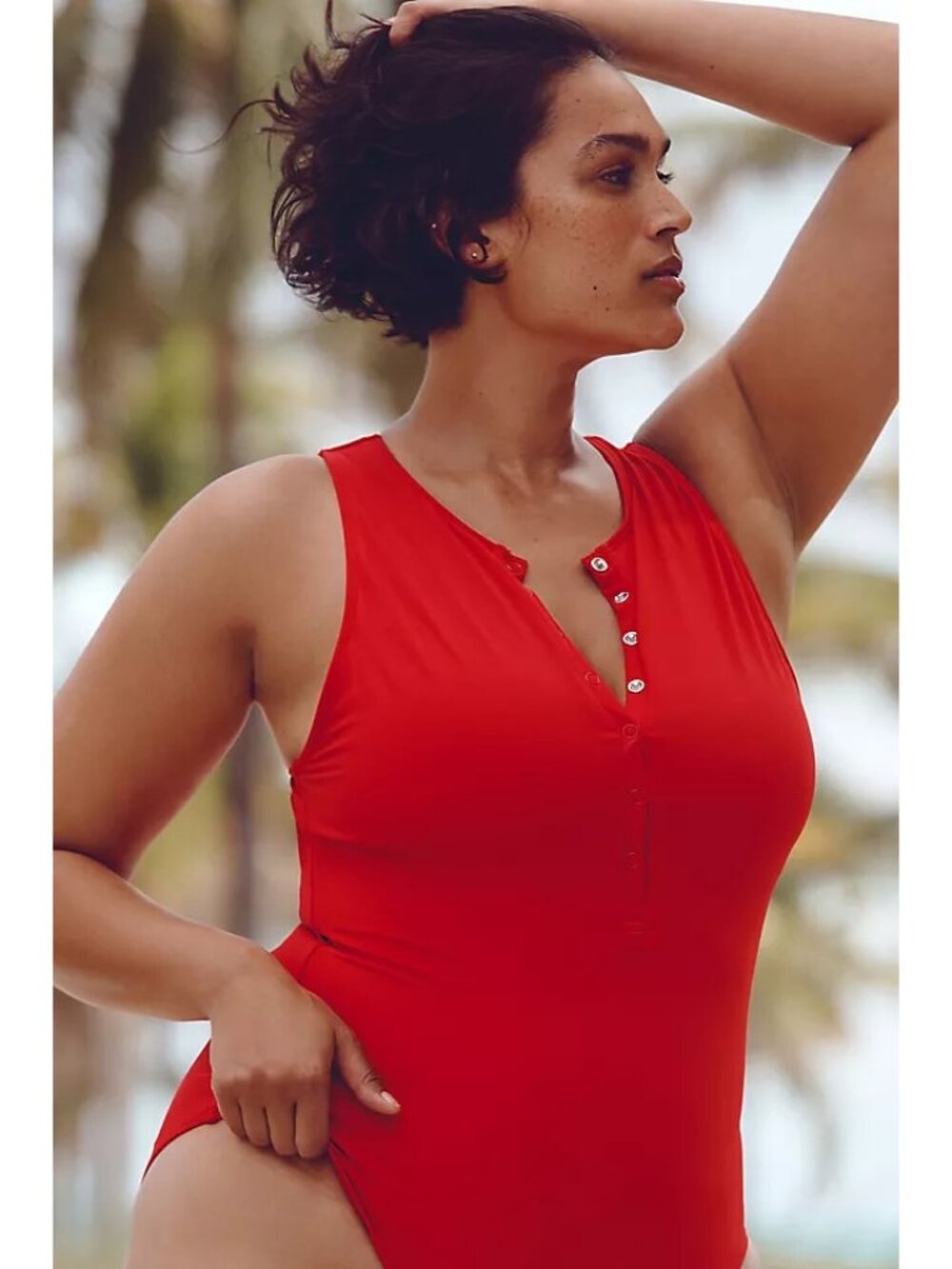 Andie Women's Red Henley One Piece Swimsuit Size Large Snaps Stretch